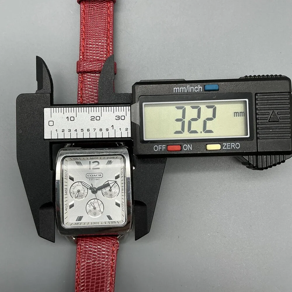Coach Boyfriend Square Womens Watch 32mm Silver Dial Red Leather New Battery